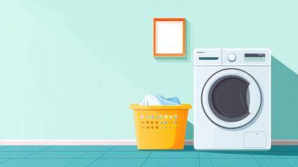 A modern washing machine stands next to yellow laundry basket filled with clothes, set against light green wall. clean layout creates fresh and organized atmosphere