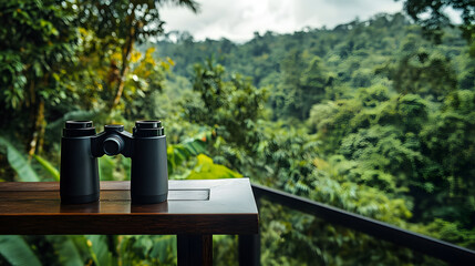 A pair of binoculars resting on a wooden table overlooking a lush green forest.