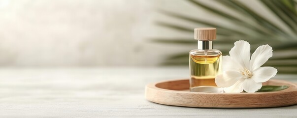 Close-up of a fresh flower and a bottle of perfume oil on a wooden tray, Home spa and beauty rituals, Elegance in home spa decor