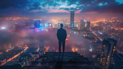 Obraz premium Success Unveiled: A CEO on city steps at night, with a dream portal emphasizing his monumental success and journey.