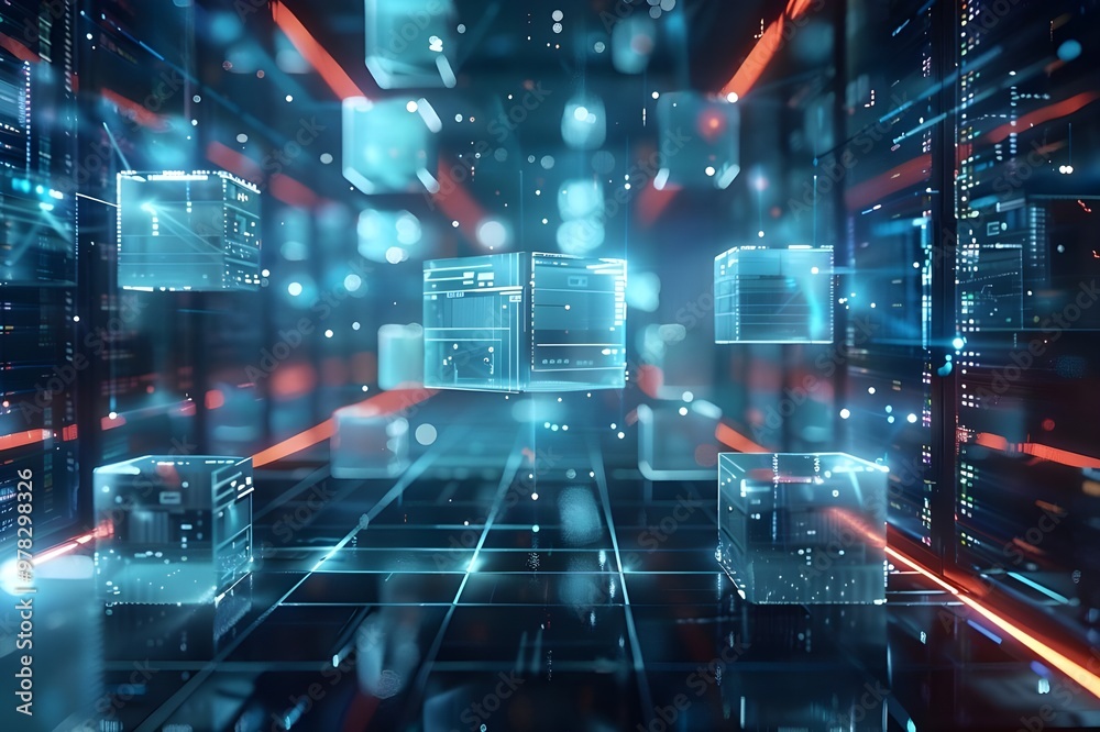 Poster 3d rendering of server room with data center in cyberspace - generated ai
