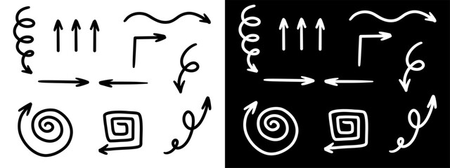 Hand drawn arrows icons set. Doodle different curved thin lines, swirls, square, spiral arrows. Marker drawing, black and white vector illustration. Direction pointers.