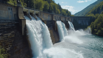 water streams coming out of a modern hydroelectric dam for eco friendly green clean energy production
