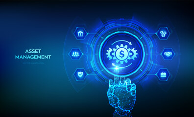 Asset management. Business investment banking payment technology concept on virutal screen. Wireframe hand touching digital interface. Vector illustration.