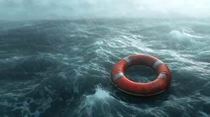 Red Lifebuoy Floating on Rough Ocean Waves During a Stormy Weather with Heavy Rainfall