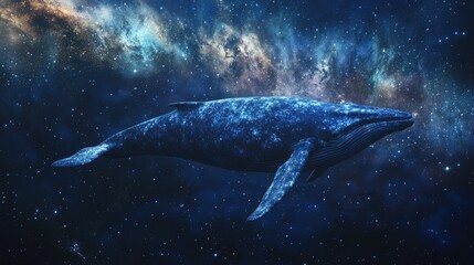 Obraz premium Majestic Blue Whale Swimming Through the Cosmic Ocean with Starry Background