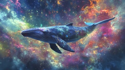 Majestic Whale Swimming Through a Vibrant Cosmic Nebula in Outer Space