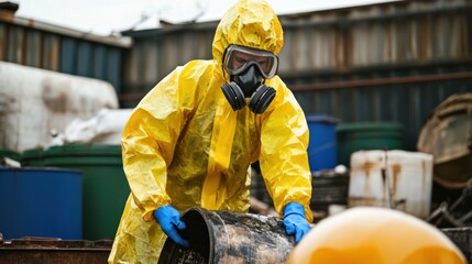 a worker handling hazardous waste in protective gear at a disposal 