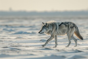 Obraz premium Gray wolf surveys the icy tundra, its fur thick and protective against the harsh cold. The stark landscape highlights the wolf’s strength and adaptability in the wild.