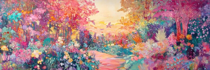 Vibrant Abstract Landscape Painting with Colorful Flowers and Trees in a Dreamy Garden Setting