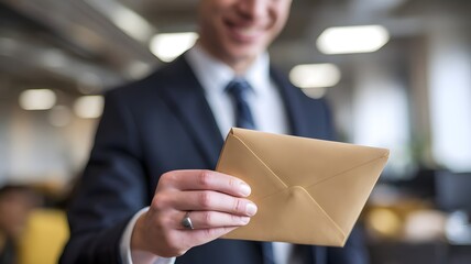 Successful businessman receiving envelope with salary raise or bonus, expressing joy and satisfaction. Corporate reward, financial incentive, and career advancement concept in professional workplace