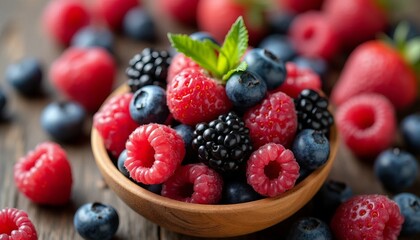 Colorful Berry Assortment in a Wooden Bowl, Packed with Antioxidants for Brain Boost