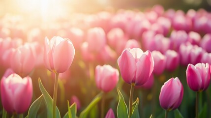 Obraz premium Landscape of Netherlands tulips with sunlight in Netherlands.