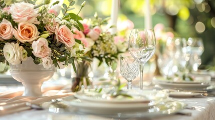 Elegant wedding reception table setting with floral arrangements and fine dishes. Extra-wide view with space for design elements.