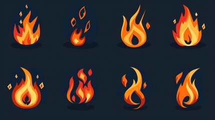 Fire icon set in flat style for branding and design. Collection of fire icons for graphic design use. Flat style fire icons for various applications.