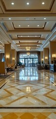 Fototapeta premium 31. **A grand hotel lobby with marble floors, elegant furnishings, and a luxurious, open design.
