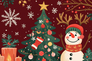 눈 내리는 겨울 성탄절 축하 카드 일러스트레이션