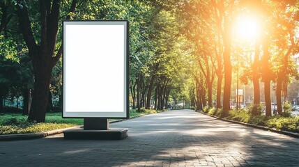 Mockup white blank board copy space for information and promotion in park with fresh green tree
