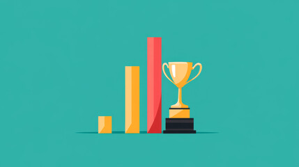 Illustration of success in business symbolized by trophy and bar graphs representing growth and achievement. This vibrant image conveys motivation and accomplishment