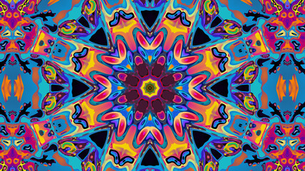 Abstract colorful psychedelic kaleidoscope background pattern for New Year music festival