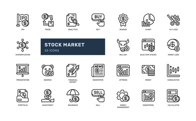 Stock market trade investment finance economy outline line icon set