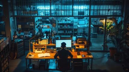 Fototapeta premium Night shift, technician working alone, well-lit workspace