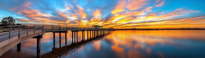 Obraz premium Sunset Bridge Reflections, vibrant colors illuminating serene waters