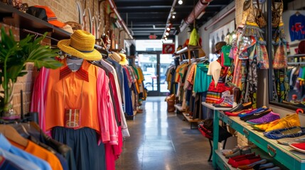 A boutique luxury resale shop with elegant displays of vintage designer clothing, accessories, and high-end fashion items in pristine condition