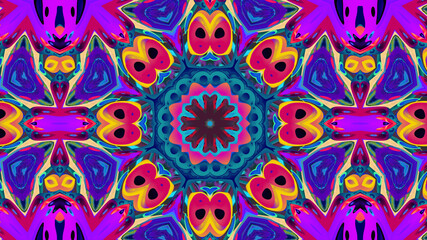 Abstract colorful psychedelic kaleidoscope background pattern for New Year music festival