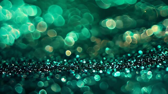 Abstract background featuring emerald green bokeh lights, creating a vibrant and sparkling visual effect.