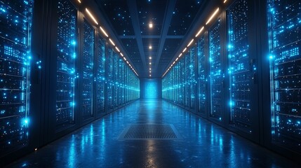 Obraz premium Expansive Server Room with Glowing Blue Lights Highlighting Depth and Connectivity in High-Tech Space