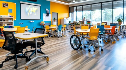 A fully accessible classroom where digital tools are used to create a collaborative and inclusive learning environment, supporting students with different abilities with copy space for text