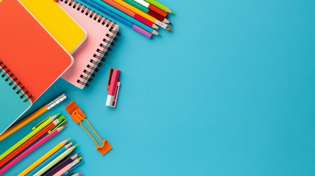 clean and organized school desk filled with notebooks, pencils, and highlighters, in a minimalistic layout with plenty of copy space for text