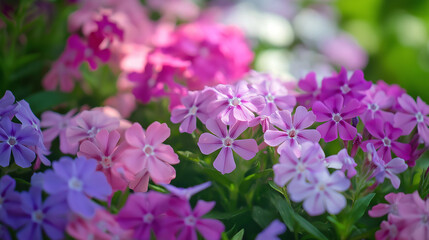 Fototapeta premium A vibrant patch of phlox flowers in various shades of pink and purple captured in a sun-drenched garden. The lush blooms and green foliage create a colorful and joyful scene 