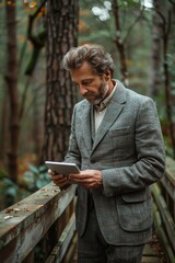 Fototapeta premium Man in suit using tablet in forest