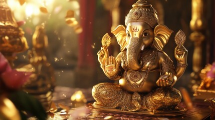 Fototapeta premium Luxurious Ganesha in a virtual 3D world of gold, shining bright with intricate digital designs and elegance.