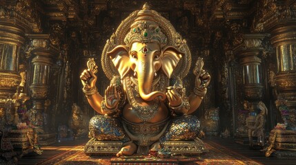 Fototapeta premium Ganesha in a virtual palace made of gold and jewels, glowing with divine luxury and opulence.