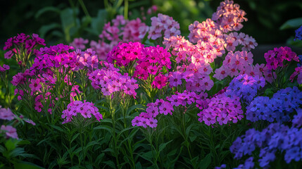 Obraz premium A vibrant patch of phlox flowers in various shades of pink and purple captured in a sun-drenched garden. The lush blooms and green foliage create a colorful and joyful scene 