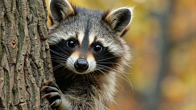 Curious Raccoon in Autumn Splendor: A playful raccoon peeks from behind a tree in a vibrant autumn forest. 