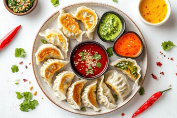A variety of colorful dumplings arranged on a plate, with vibrant dipping sauces and fresh garnish like cilantro and chili peppers, set against a plain white table