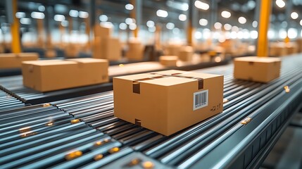 A series of packages traveling on conveyor belts in a large warehouse, representing streamlined automation and logistics processes