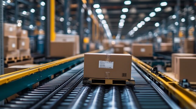 A series of packages traveling on conveyor belts in a large warehouse, representing streamlined automation and logistics processes