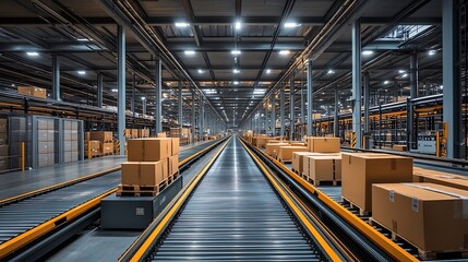 Obraz premium Packages neatly arranged on conveyor belts in a spacious warehouse, showcasing the role of automation in efficient logistics operations