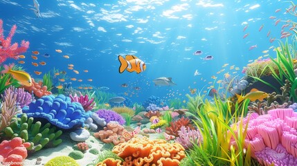 A 3D cartoon underwater adventure with scuba-diving animals exploring a vibrant coral reef 3D cartoon