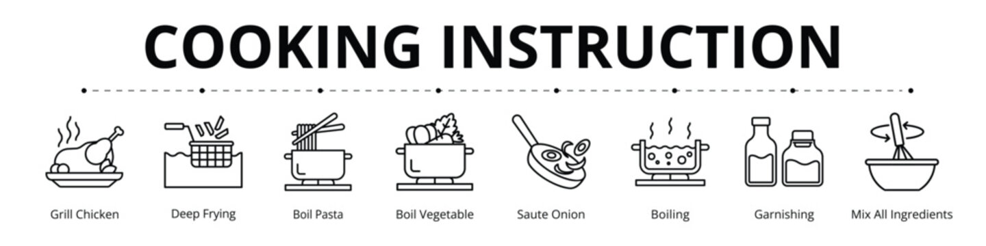 Cooking Instruction Line Banner Web Icon Set Vector Illustration, Grill Chicken Deep Frying Boil Pasta Boil Vegetable Sauteed Onion Boiling Garnishing  Mix All Ingredients
