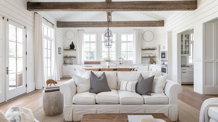 A blend of rustic charm and modern design, with shiplap walls, exposed wood beams, neutral colors, and cozy, functional furniture. Modern American Farmhouse living room interior design 