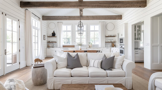 A blend of rustic charm and modern design, with shiplap walls, exposed wood beams, neutral colors, and cozy, functional furniture. Modern American Farmhouse living room interior design 
