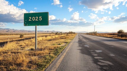 Green road sign on the side of empty street written 2025. Metal plate sign 2025 next to highway. represent the future and positivity and success of the new year