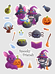 Spooky friends stickers sheet with black cat and bat in witch's hat, cauldron, pumpkins, magic ball and witchcraft images. Vector illustration set.