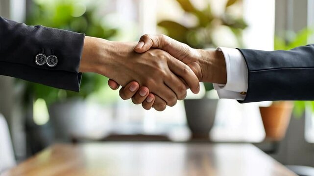 Handshake Agreement: A close-up shot of a handshake between two business professionals, symbolizing trust, partnership, and collaboration. The warm lighting and natural background create a sense of pr